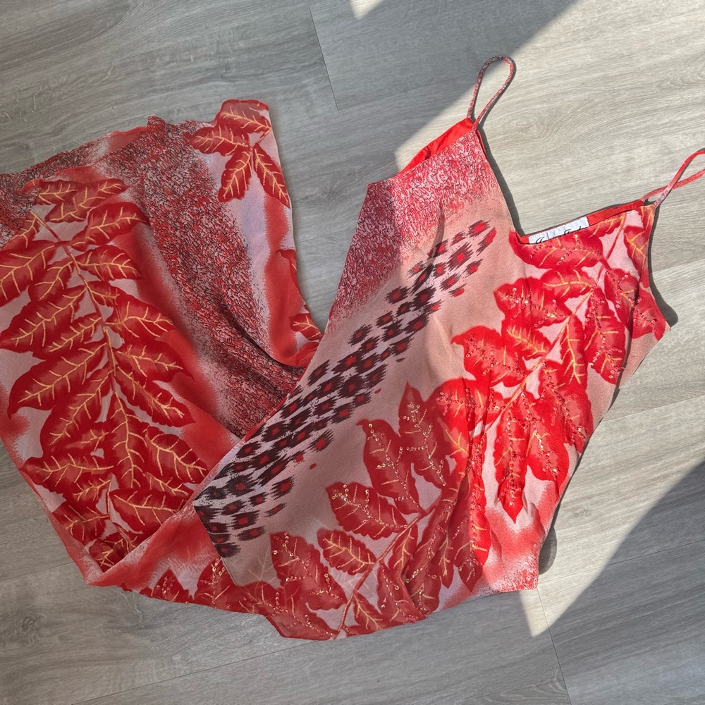 Red Leaf Print Slip Dress